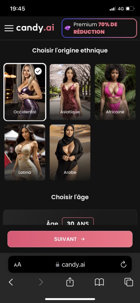 Choix de l'origine et de l'âge sur Candyai