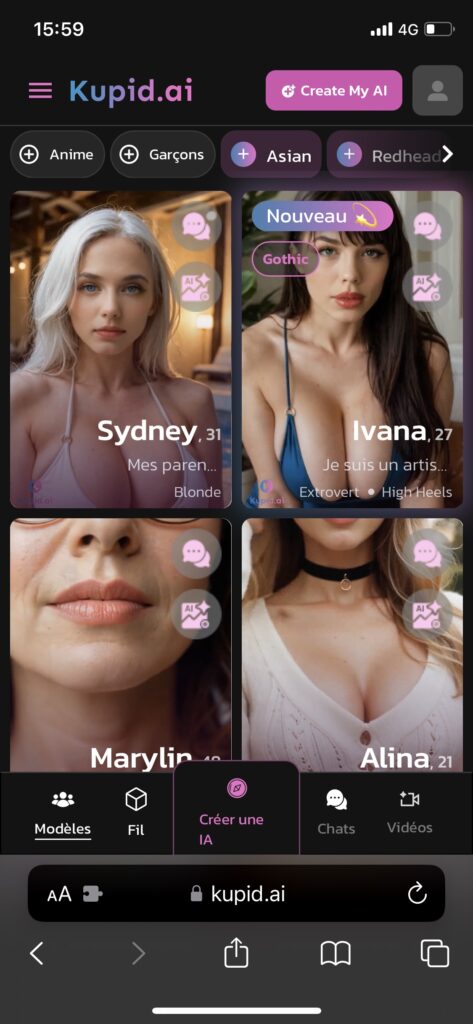 Interface et profil de Kupid.ai