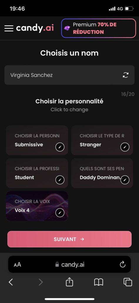Choix du nom et des caractéristiques sur Candyai