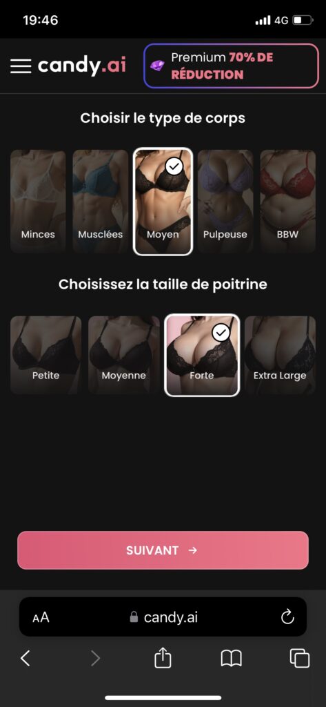 Choix de la taille de sein et de fesse sur Candyai